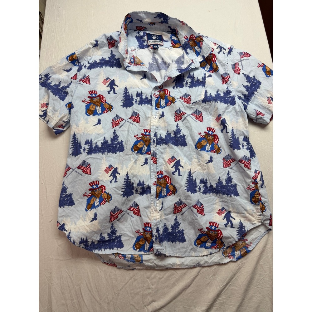 Staghorn Outfitters Bigfoot Uncle Sam Patriotic Shirt Mens XXL Blue Cotton SS